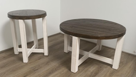  Rustic round  white with coffee top 3pk tables 